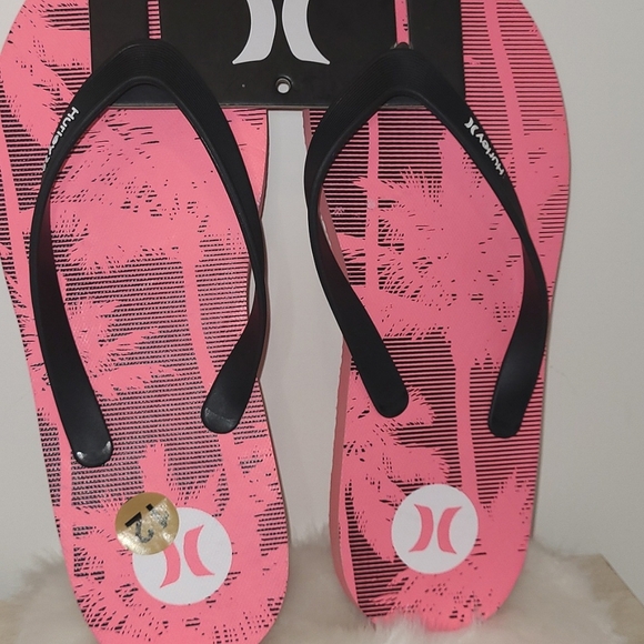Hurley Mens Palm Trees Print Beach Pool Sandals Thongs Size 12 Pink / Black - Picture 3 of 9